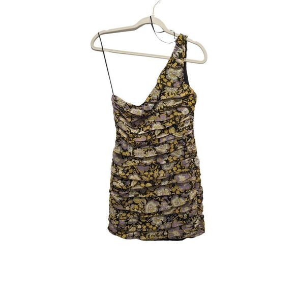 New! Zara One Shoulder Metallic Floral Ruched Mini Dress, S - Picture 5 of 9